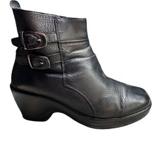 Dansko Bibi Leather moto style black ankle booties Buckle Double strap detail